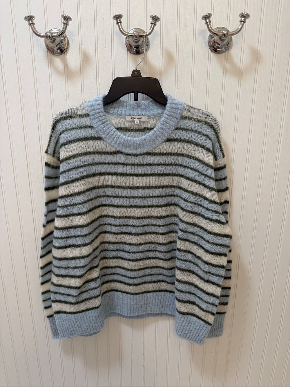 Madewell Light Blue, Cream, and Gray Striped Crewneck Sweater